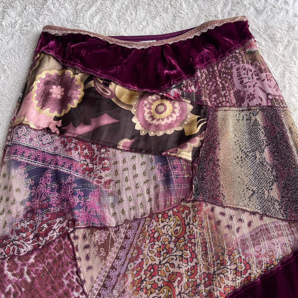 SOLD Cache vintage Y2K patchwork silk maxi skirt fairy paisley floral velvet - Picture 5 of 12